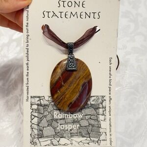 Rainbow Jasper Stone Statements Oval Necklace Pendant Leather Cord Beige Brown